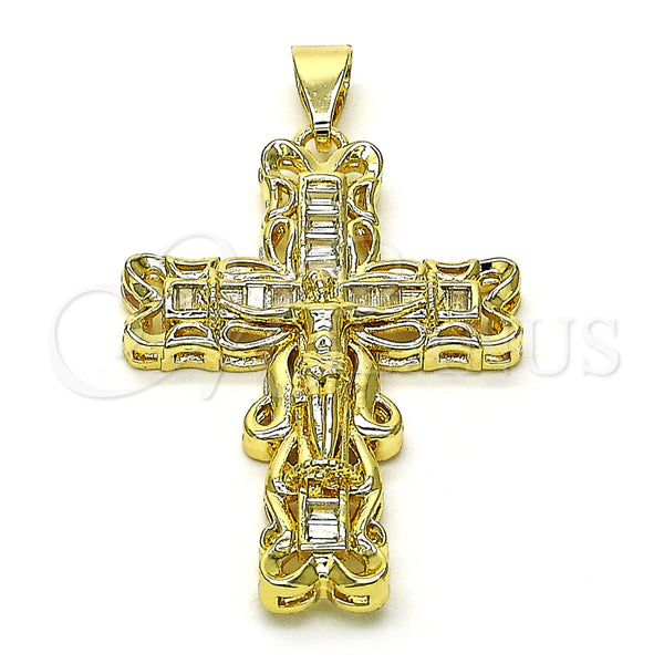 Dije Religioso 05.253.0180 Oro Laminado, Diseño de Crucifijo y Baguette, con Blanca Zirconia Cubica, Pulido, Tono Dorado