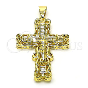 Dije Religioso 05.253.0180 Oro Laminado, Diseño de Crucifijo y Baguette, con Blanca Zirconia Cubica, Pulido, Tono Dorado