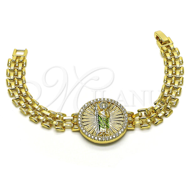 Pulsera Elegante 03.283.0340.07 Oro Laminado, Diseño de San Judas y Bismarco, con Blanca Micro Pave, Pulido, Tres Tonos (10 MM Thickness, 7 Inches Length)