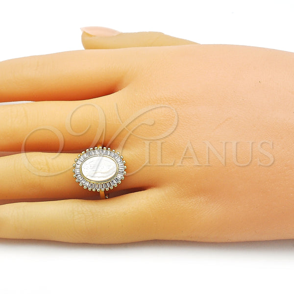 Anillo Multi Piedra 01.341.0115 Oro Laminado, Diseño de Guadalupe y Baguette, con Madre Perla Marfil y Zirconia Cubica Blanca, Pulido, Tono Dorado (Talla Unica)