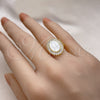 Anillo Multi Piedra 01.341.0115 Oro Laminado, Diseño de Guadalupe y Baguette, con Madre Perla Marfil y Zirconia Cubica Blanca, Pulido, Tono Dorado (Talla Unica)