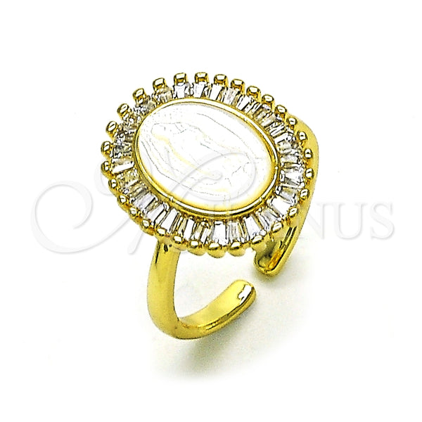 Anillo Multi Piedra 01.341.0115 Oro Laminado, Diseño de Guadalupe y Baguette, con Madre Perla Marfil y Zirconia Cubica Blanca, Pulido, Tono Dorado (Talla Unica)