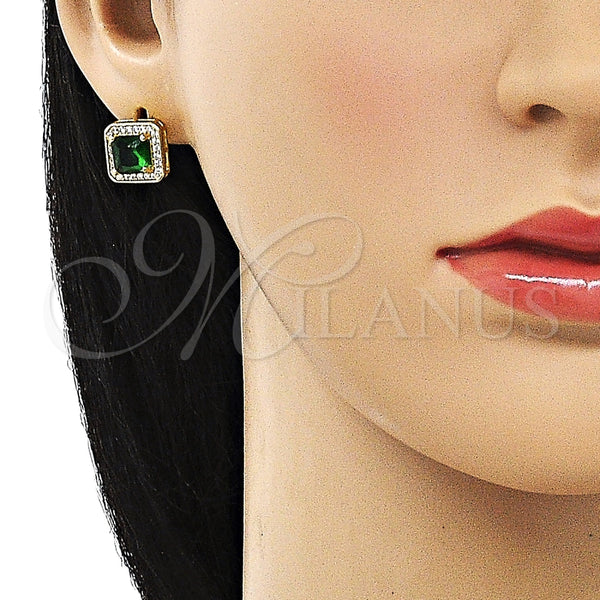 Arete Gancho Frances 02.213.0582 Oro Laminado, con Verde Zirconia Cubica and Blanca Micro Pave, Pulido, Tono Dorado