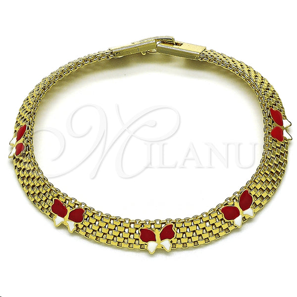 Pulsera Elegante 03.331.0216.08 Oro Laminado, Diseño de Mariposa y Bismarco, Esmaltado Rojo, Tono Dorado (08 MM Thickness, 8 Inches Length)