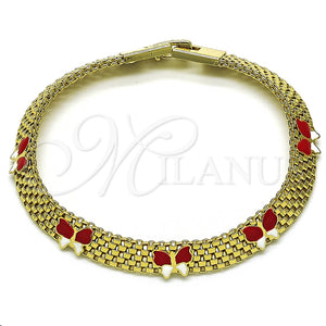 Pulsera Elegante 03.331.0216.08 Oro Laminado, Diseño de Mariposa y Bismarco, Esmaltado Rojo, Tono Dorado (08 MM Thickness, 8 Inches Length)