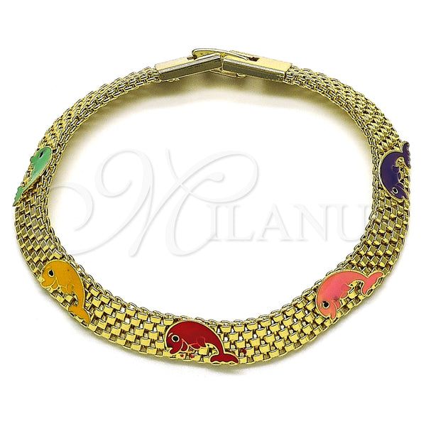 Pulsera Elegante 03.331.0217.08 Oro Laminado, Diseño de Delfín y Bismarco, Esmaltado Multicolor, Tono Dorado (08 MM Thickness, 8 Inches Length)