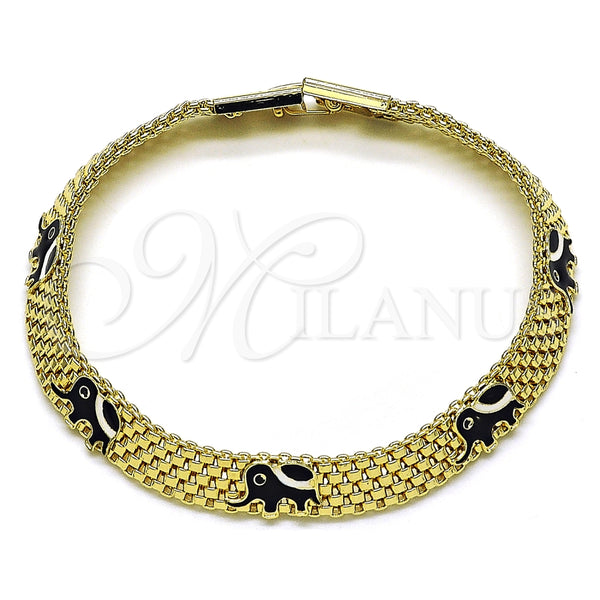 Pulsera Elegante 03.331.0218.2.08 Oro Laminado, Diseño de Elefante y Bismarco, Esmaltado Negro, Tono Dorado (08 MM Thickness, 8 Inches Length)