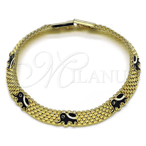 Pulsera Elegante 03.331.0218.2.08 Oro Laminado, Diseño de Elefante y Bismarco, Esmaltado Negro, Tono Dorado (08 MM Thickness, 8 Inches Length)