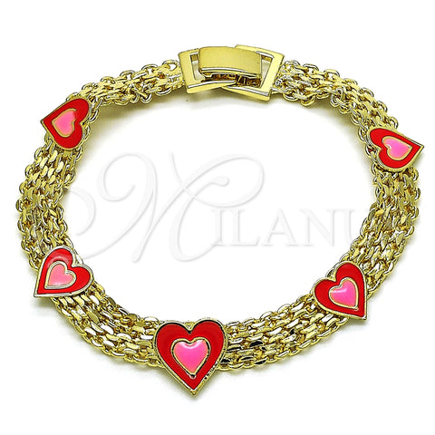 Pulsera Elegante 03.331.0220.07 Oro Laminado, Diseño de Corazón y Bismarco, Esmaltado Rojo, Tono Dorado (07 MM Thickness, 7 Inches Length)