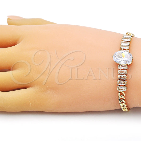 Pulsera Elegante 03.283.0345.07 Oro Laminado, Diseño de Baguette y Miami Cubana, con Blanca Zirconia Cubica, Pulido, Tono Dorado (05 MM Thickness, 7 Inches Length)
