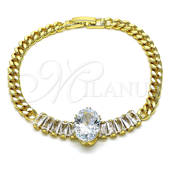 Pulsera Elegante 03.283.0345.07 Oro Laminado, Diseño de Baguette y Miami Cubana, con Blanca Zirconia Cubica, Pulido, Tono Dorado (05 MM Thickness, 7 Inches Length)