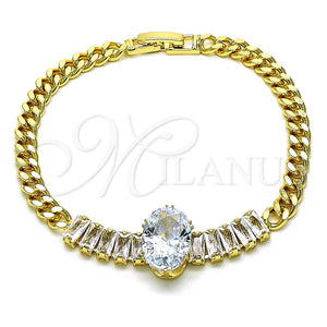 Pulsera Elegante 03.283.0345.07 Oro Laminado, Diseño de Baguette y Miami Cubana, con Blanca Zirconia Cubica, Pulido, Tono Dorado (05 MM Thickness, 7 Inches Length)