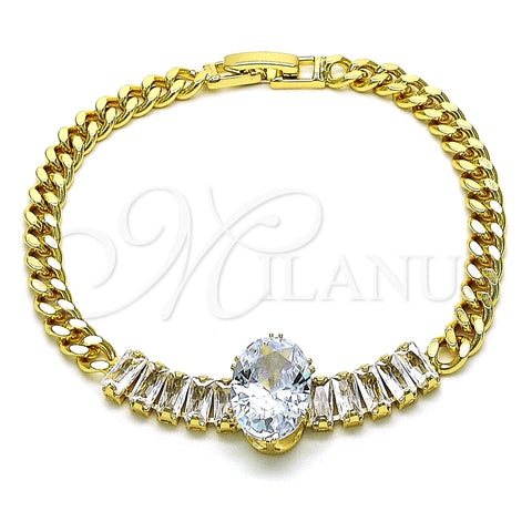 Pulsera Elegante 03.283.0345.07 Oro Laminado, Diseño de Baguette y Miami Cubana, con Blanca Zirconia Cubica, Pulido, Tono Dorado (05 MM Thickness, 7 Inches Length)