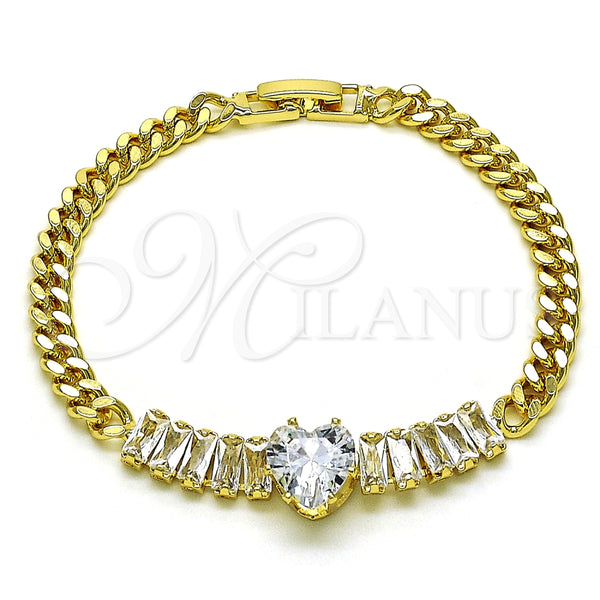 Pulsera Elegante 03.283.0346.07 Oro Laminado, Diseño de Corazón y Baguette, con Blanca Zirconia Cubica, Pulido, Tono Dorado (05 MM Thickness, 7 Inches Length)