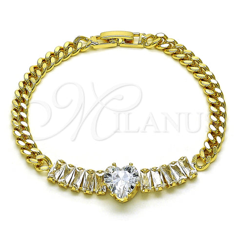 Pulsera Elegante 03.283.0346.07 Oro Laminado, Diseño de Corazón y Baguette, con Blanca Zirconia Cubica, Pulido, Tono Dorado (05 MM Thickness, 7 Inches Length)