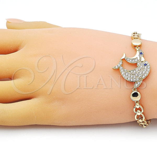 Pulsera Elegante 03.283.0350.07 Oro Laminado, Diseño de Delfín y Corazón, con Blanca and Zafiro Azul Micro Pave, Pulido, Tono Dorado (07 MM Thickness, 7 Inches Length)