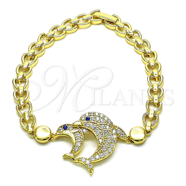 Pulsera Elegante 03.283.0350.07 Oro Laminado, Diseño de Delfín y Corazón, con Blanca and Zafiro Azul Micro Pave, Pulido, Tono Dorado (07 MM Thickness, 7 Inches Length)