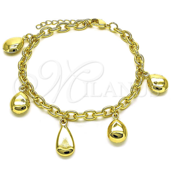 Pulsera de Dije 03.213.0236.07 Oro Laminado, Diseño de Gota y Rolo, Pulido, Tono Dorado (05 MM Thickness, 7 Inches Length)