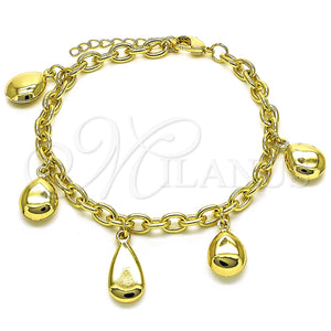 Pulsera de Dije 03.213.0236.07 Oro Laminado, Diseño de Gota y Rolo, Pulido, Tono Dorado (05 MM Thickness, 7 Inches Length)