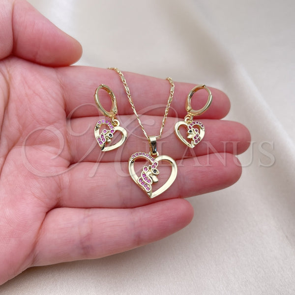 Juego de Arete y Dije de Adulto 10.196.0121 Oro Laminado, Diseño de Corazón, con Rubi and Negro Micro Pave, Pulido, Tono Dorado