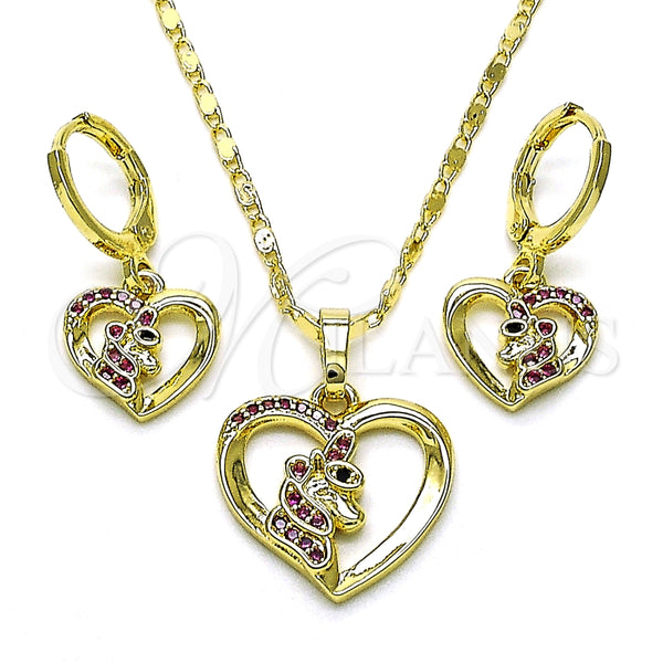 Juego de Arete y Dije de Adulto 10.196.0121 Oro Laminado, Diseño de Corazón, con Rubi and Negro Micro Pave, Pulido, Tono Dorado