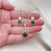 Juego de Arete y Dije de Adulto 10.196.0129.2 Oro Laminado, con Micro Pave Blanca y Zirconia Cubica Verde, Pulido, Tono Dorado