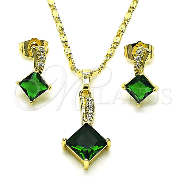 Juego de Arete y Dije de Adulto 10.196.0129.2 Oro Laminado, con Micro Pave Blanca y Zirconia Cubica Verde, Pulido, Tono Dorado