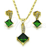 Juego de Arete y Dije de Adulto 10.196.0129.2 Oro Laminado, con Micro Pave Blanca y Zirconia Cubica Verde, Pulido, Tono Dorado