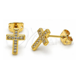 Arete Dormilona 02.342.0314 Oro Laminado, Diseño de Cruz, con Blanca Micro Pave, Pulido, Tono Dorado