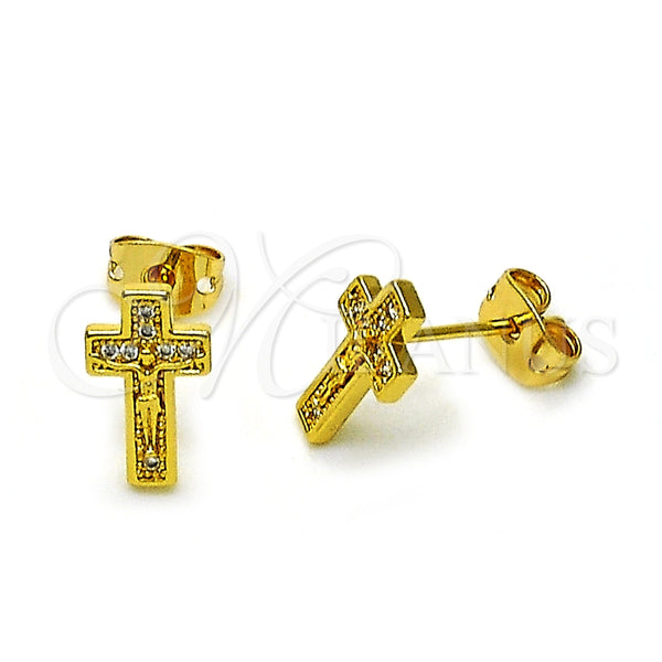 Arete Dormilona 02.342.0315 Oro Laminado, Diseño de Crucifijo, con Blanca Micro Pave, Pulido, Tono Dorado