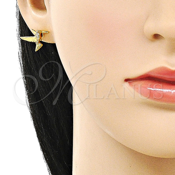 Arete Dormilona 02.342.0316 Oro Laminado, Diseño de Pajaro, con Blanca Micro Pave, Pulido, Tono Dorado