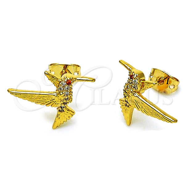 Arete Dormilona 02.342.0316 Oro Laminado, Diseño de Pajaro, con Blanca Micro Pave, Pulido, Tono Dorado