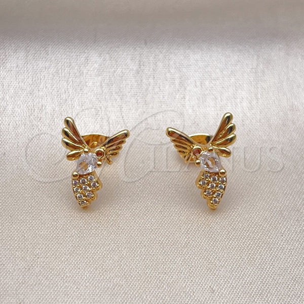 Arete Dormilona 02.342.0317 Oro Laminado, Diseño de Pajaro, con Blanca Zirconia Cubica and Blanca Micro Pave, Pulido, Tono Dorado