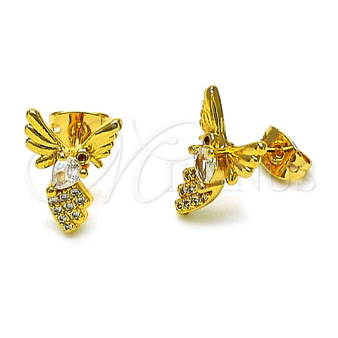 Arete Dormilona 02.342.0317 Oro Laminado, Diseño de Pajaro, con Blanca Zirconia Cubica and Blanca Micro Pave, Pulido, Tono Dorado