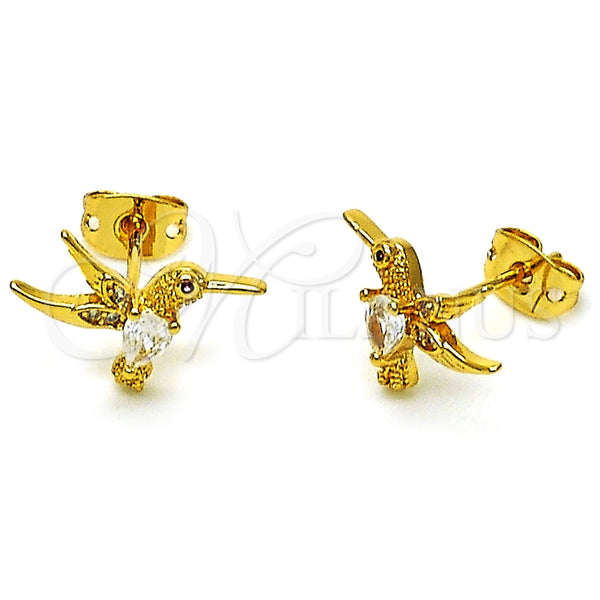 Arete Dormilona 02.342.0318 Oro Laminado, Diseño de Pajaro, con Blanca Zirconia Cubica and Blanca Micro Pave, Pulido, Tono Dorado