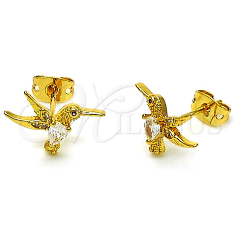 Arete Dormilona 02.342.0318 Oro Laminado, Diseño de Pajaro, con Blanca Zirconia Cubica and Blanca Micro Pave, Pulido, Tono Dorado