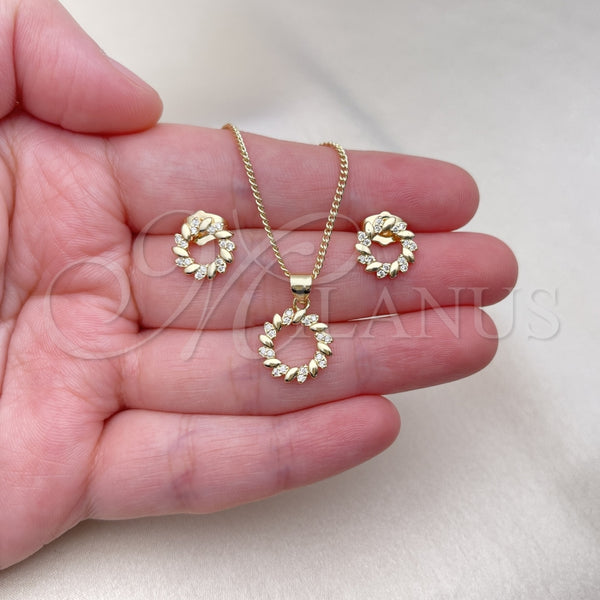 Juego de Arete y Dije de Adulto 10.156.0473 Oro Laminado, Diseño de Flor y Oja, con Blanca Micro Pave, Pulido, Tono Dorado