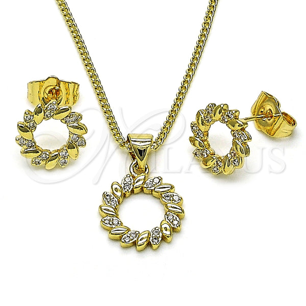 Juego de Arete y Dije de Adulto 10.156.0473 Oro Laminado, Diseño de Flor y Oja, con Blanca Micro Pave, Pulido, Tono Dorado