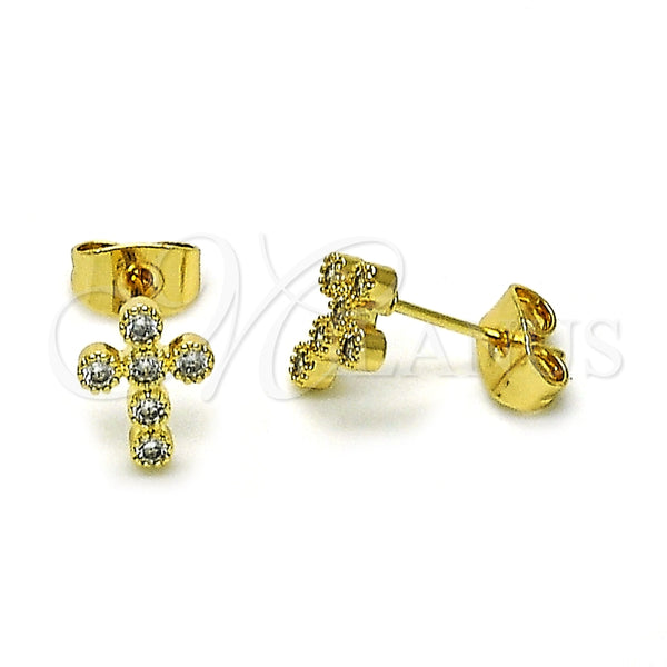 Arete Dormilona 02.213.0602 Oro Laminado, Diseño de Cruz, con Zirconia Cubica Blanca, Pulido, Tono Dorado