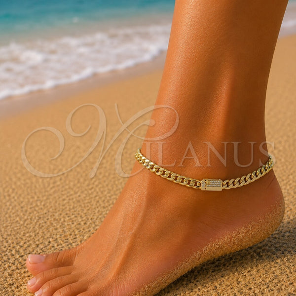 Tobillera Básica 04.213.0303.10 Oro Laminado, Diseño de Miami Cubana, con Blanca Micro Pave, Pulido, Tono Dorado (Thickness, 10 Inches Length)