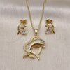 Juego de Arete y Dije de Adulto 10.210.0181 Oro Laminado, Diseño de Corazón y Delfín, con Blanca and Negro Micro Pave, Pulido, Tono Dorado