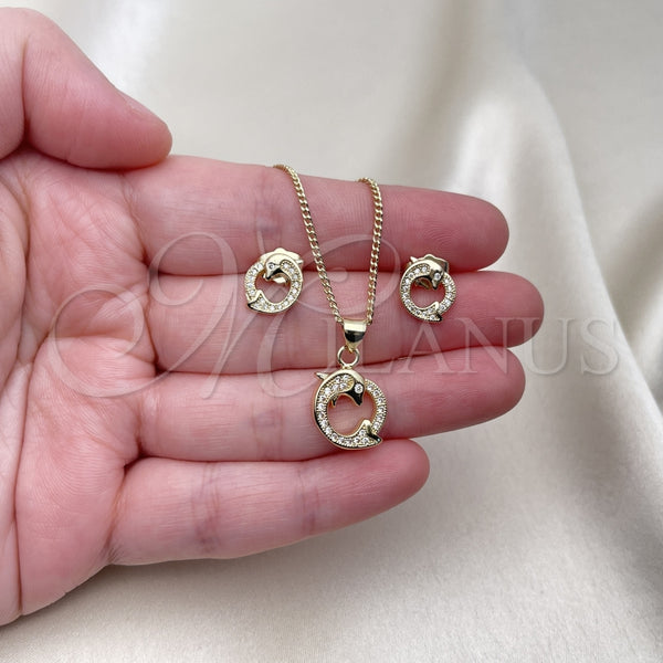 Juego de Arete y Dije de Adulto 10.156.0485 Oro Laminado, Diseño de Delfín, con Blanca Micro Pave, Pulido, Tono Dorado