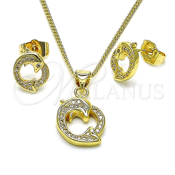 Juego de Arete y Dije de Adulto 10.156.0485 Oro Laminado, Diseño de Delfín, con Blanca Micro Pave, Pulido, Tono Dorado