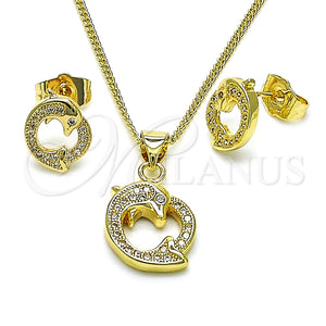 Juego de Arete y Dije de Adulto 10.156.0485 Oro Laminado, Diseño de Delfín, con Blanca Micro Pave, Pulido, Tono Dorado