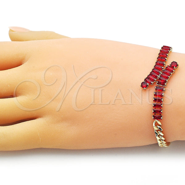 Pulsera Elegante 03.283.0077.1.07 Oro Laminado, Diseño de Miami Cubana y Baguette, con Granate Zirconia Cubica, Pulido, Tono Dorado (05 MM Thickness, 7 Inches Length)