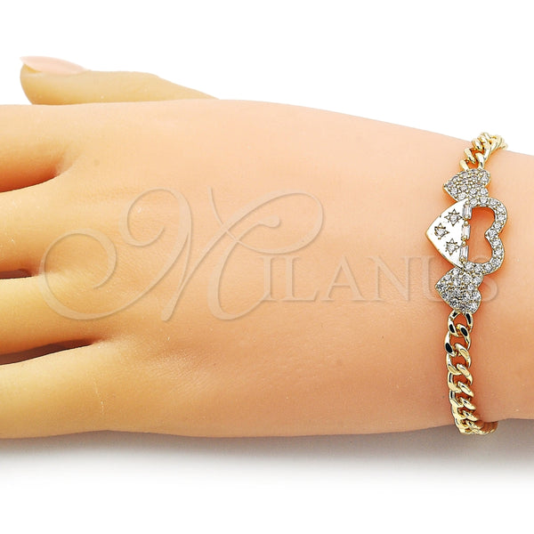 Pulsera Elegante 03.283.0369.08 Oro Laminado, Diseño de Miami Cubana y Corazón, con Blanca Micro Pave and Blanca Zirconia Cubica, Pulido, Tono Dorado (05 MM Thickness, 8 Inches Length)
