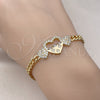 Pulsera Elegante 03.283.0369.08 Oro Laminado, Diseño de Miami Cubana y Corazón, con Blanca Micro Pave and Blanca Zirconia Cubica, Pulido, Tono Dorado (05 MM Thickness, 8 Inches Length)