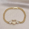 Pulsera Elegante 03.283.0369.08 Oro Laminado, Diseño de Miami Cubana y Corazón, con Blanca Micro Pave and Blanca Zirconia Cubica, Pulido, Tono Dorado (05 MM Thickness, 8 Inches Length)