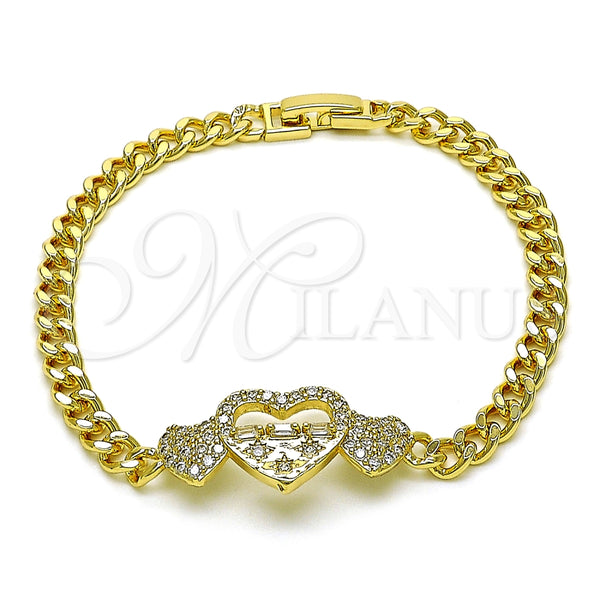 Pulsera Elegante 03.283.0369.08 Oro Laminado, Diseño de Miami Cubana y Corazón, con Blanca Micro Pave and Blanca Zirconia Cubica, Pulido, Tono Dorado (05 MM Thickness, 8 Inches Length)