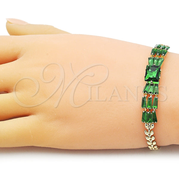 Pulsera Elegante 03.283.0305.2.07 Oro Laminado, Diseño de Baguette y Oja, con Verde Zirconia Cubica, Pulido, Tono Dorado (05 MM Thickness, 7 Inches Length)